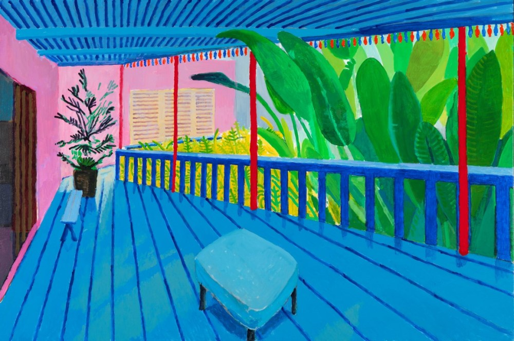 David Hockney "Garden with Blue Terrace" 2015 Acrylic on canvas 48 x 72" © David Hockney Photo Credit: Richard Schmidt