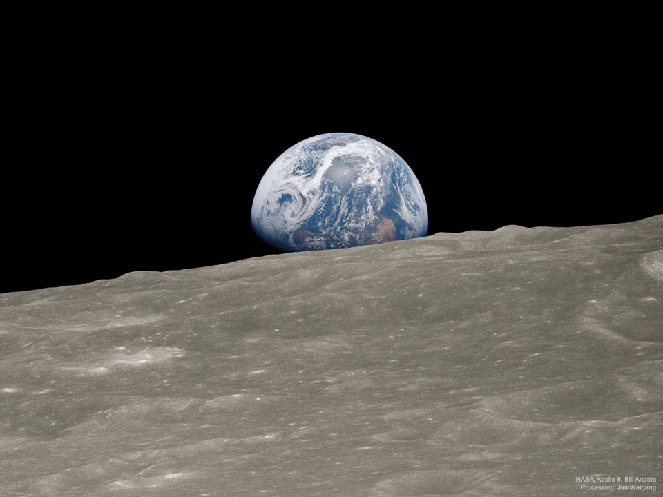Earthrise - copyright NASA Apollo 8, taken by Bill Anders, processed and licence by Jim Weigang
